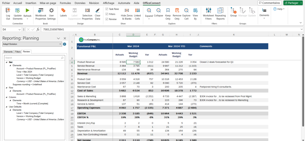 Rapport sous Excel